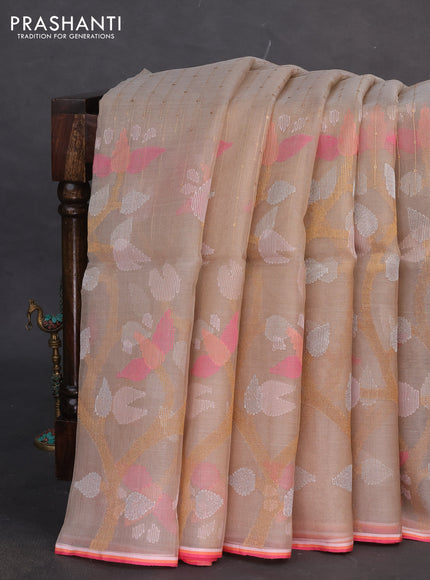 Pure organza silk saree beige and with allover sequin work & jamdhani weaves and jamdhani design pallu