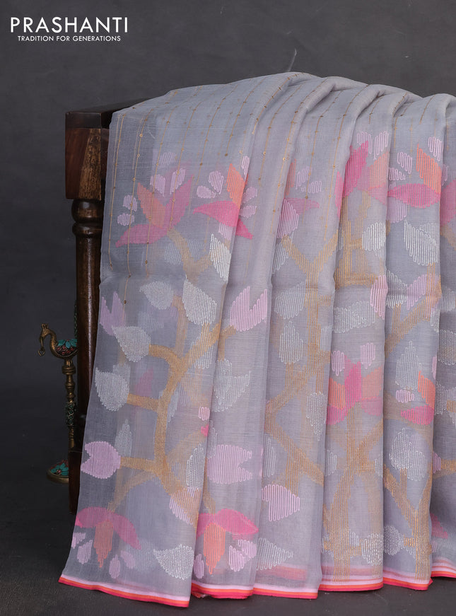 Pure organza silk saree grey and with allover sequin work & jamdhani weaves and jamdhani design pallu