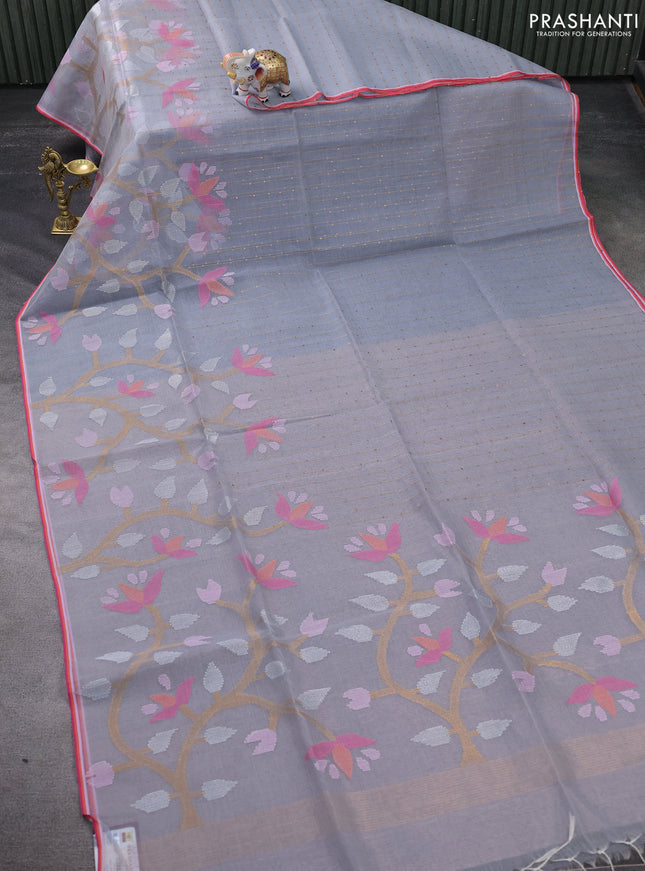Pure organza silk saree grey and with allover sequin work & jamdhani weaves and jamdhani design pallu