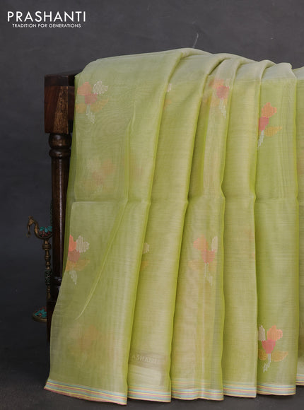 Pure organza silk saree pista green and with jamdhani buttas and jamdhani design pallu