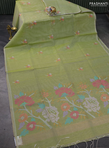 Pure organza silk saree pista green and with jamdhani buttas and jamdhani design pallu