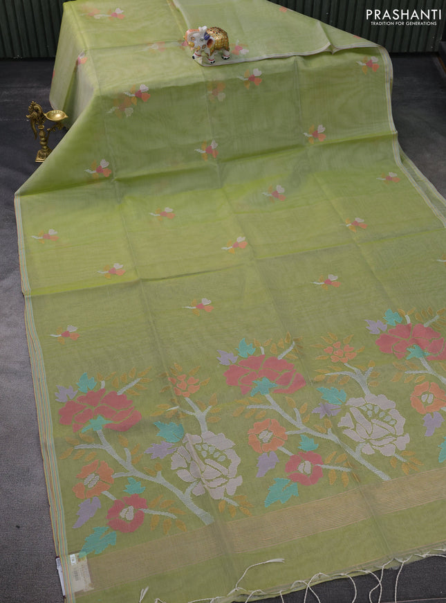 Pure organza silk saree pista green and with jamdhani buttas and jamdhani design pallu