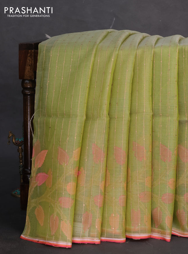 Pure organza silk saree pastel green with allover sequin stripe pattern and jamdhani design pallu