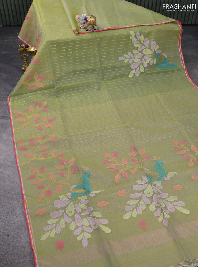 Pure organza silk saree pastel green with allover sequin stripe pattern and jamdhani design pallu