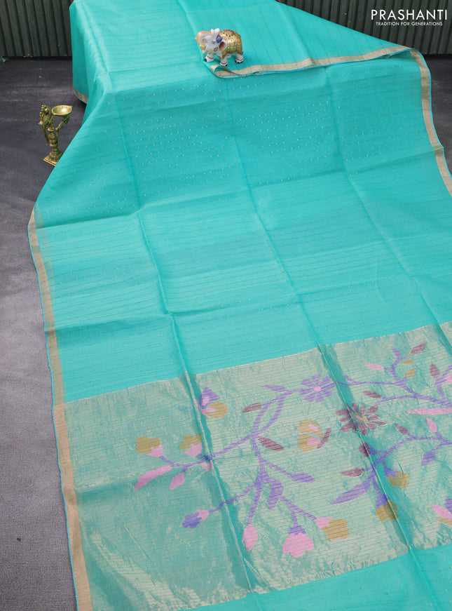 Pure organza silk saree teal green shade with allover sequin stripe pattern and jamdhani design pallu