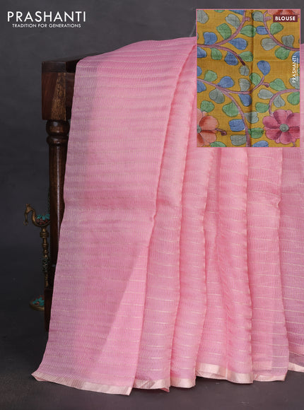 Pure organza silk saree light pink and mustard yellow with allover zari weaves and zari woven piping border & kalamkari printed blouse
