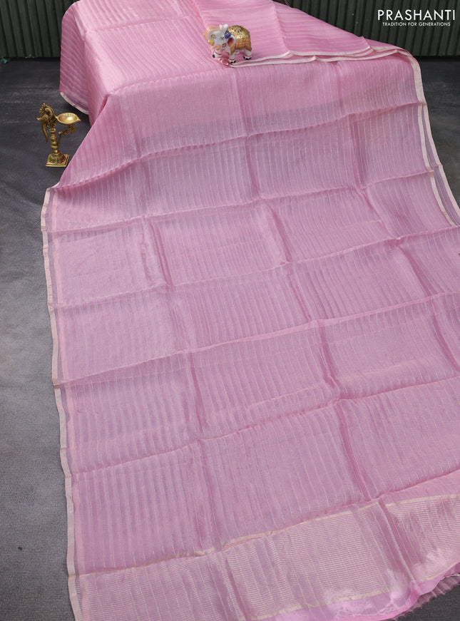 Pure organza silk saree light pink and mustard yellow with allover zari weaves and zari woven piping border & kalamkari printed blouse