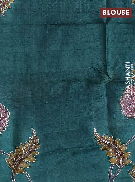Pure organza silk saree peach pink shade and teal green shade with allover zari weaves and zari woven piping border & kalamkari pita work blouse
