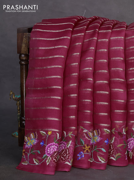 Pure organza silk saree dark pink with allover veldhari pattern and parsi work border