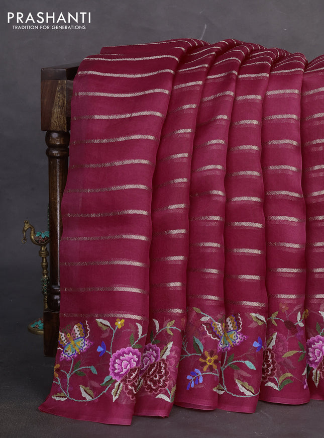 Pure organza silk saree dark pink with allover veldhari pattern and parsi work border