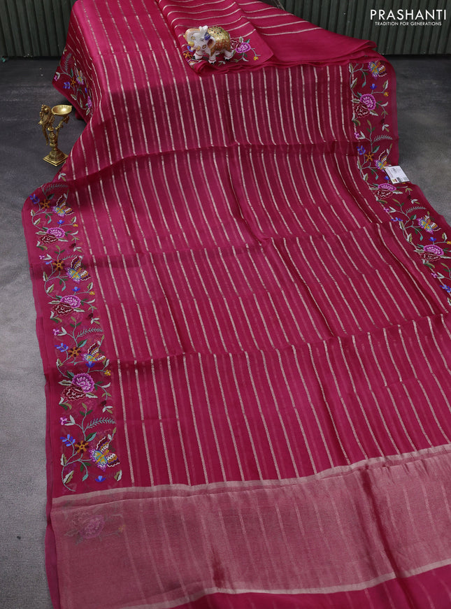 Pure organza silk saree dark pink with allover veldhari pattern and parsi work border