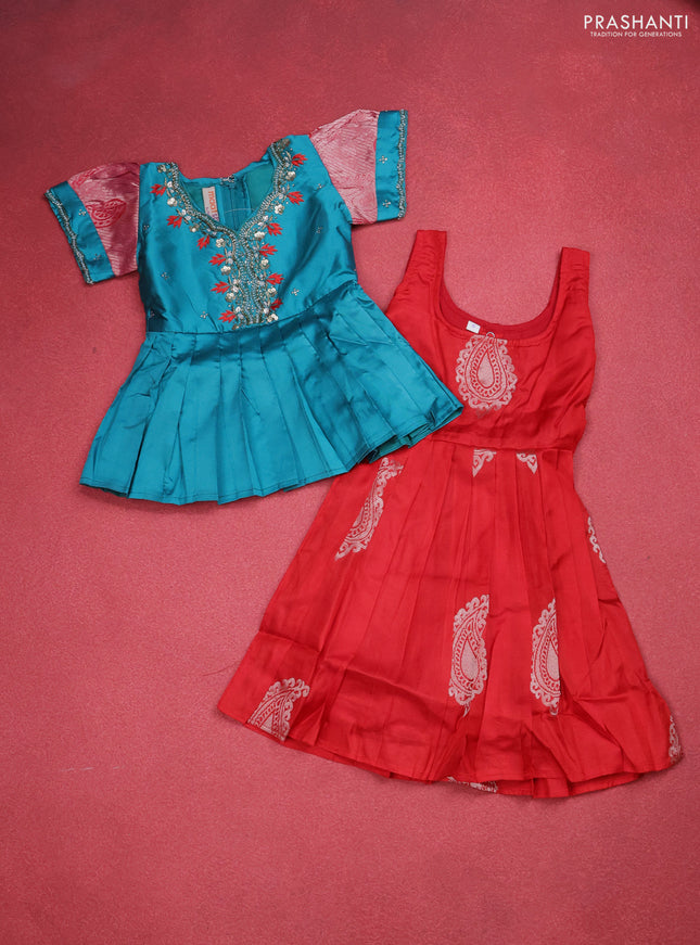 Silk kids lehenga teal blue and red with aari work neck pattern & puff sleeve and silver zari buttas & zari woven border