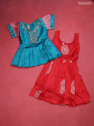 Silk kids lehenga teal blue and red with aari work neck pattern & puff sleeve and silver zari buttas & zari woven border