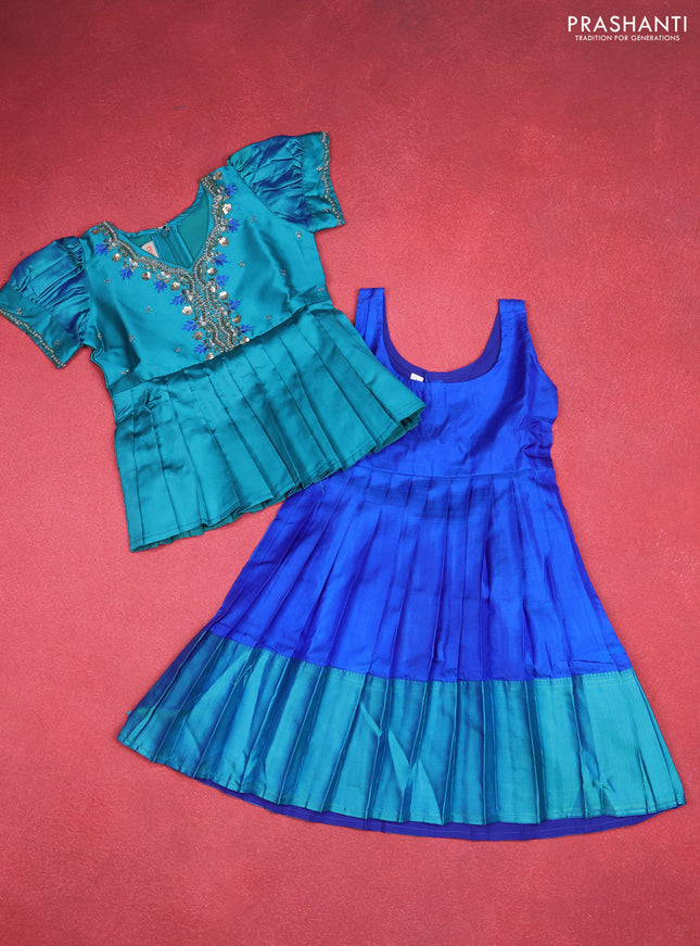 Silk kids lehenga teal blue and royal blue with aari work neck pattern & puff sleeve and thread woven border