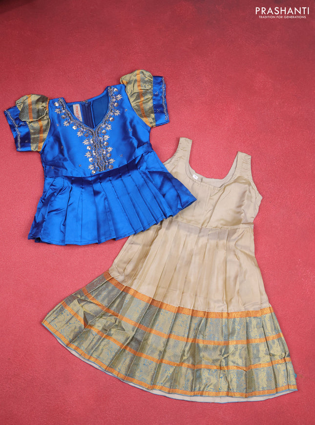 Silk kids lehenga blue and beige with aari work neck pattern & puff sleeve and zari buttas & zari woven border