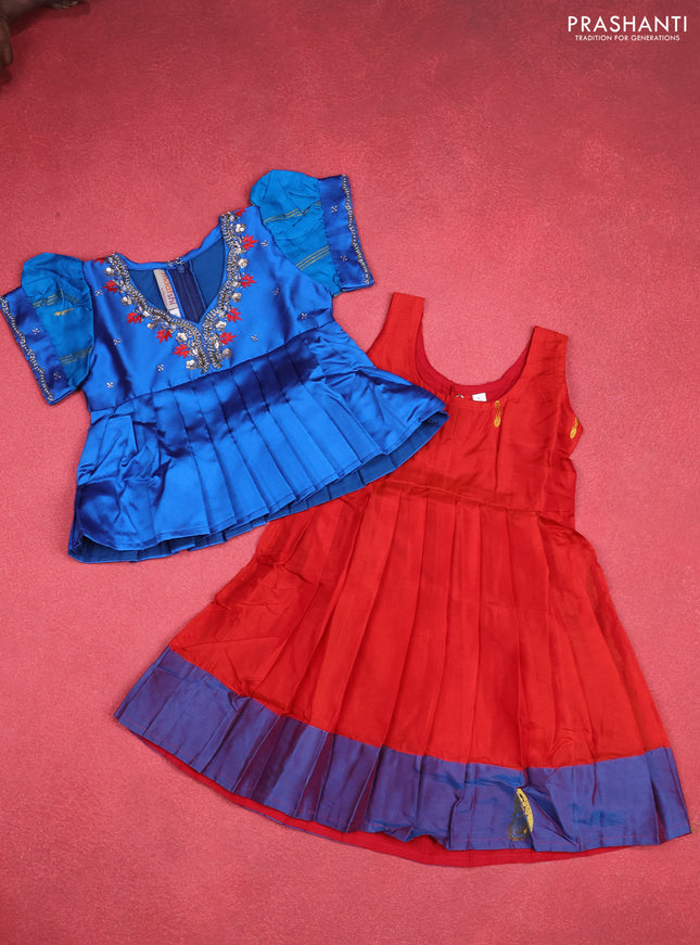 Silk kids lehenga cs blue and red with aari work neck pattern & puff sleeve and zari woven butta border