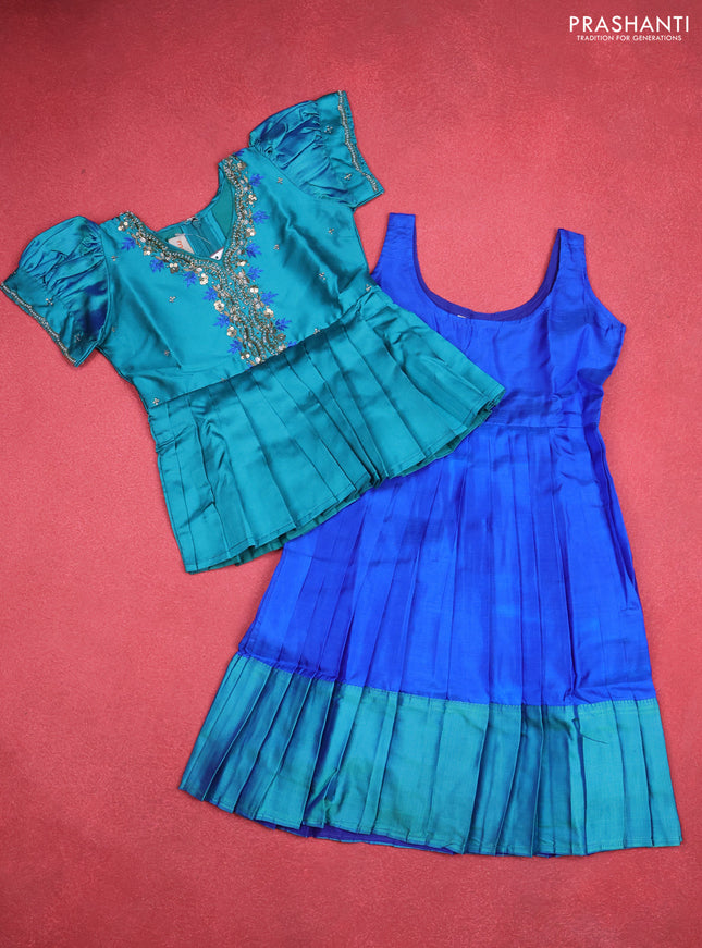 Silk kids lehenga teal blue and royal blue with aari work neck pattern & puff sleeve and thread woven border