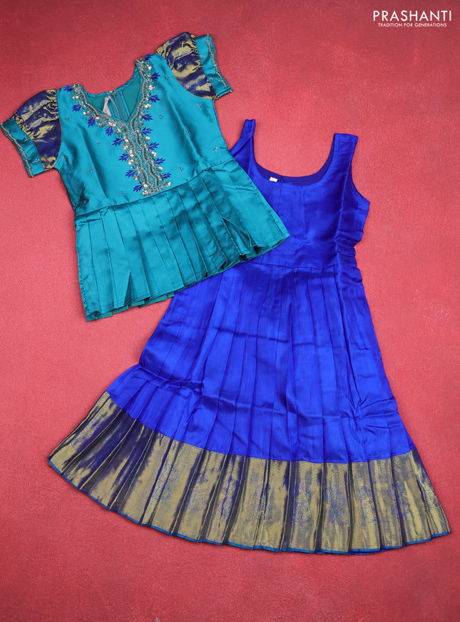Silk kids lehenga teal blue and royal blue with aari work neck pattern & puff sleeve and zari woven border