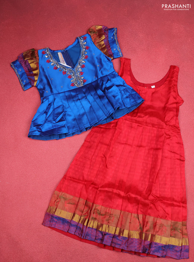Silk kids lehenga cs blue and red with aari work neck pattern & puff sleeve and zari buttas & simple border