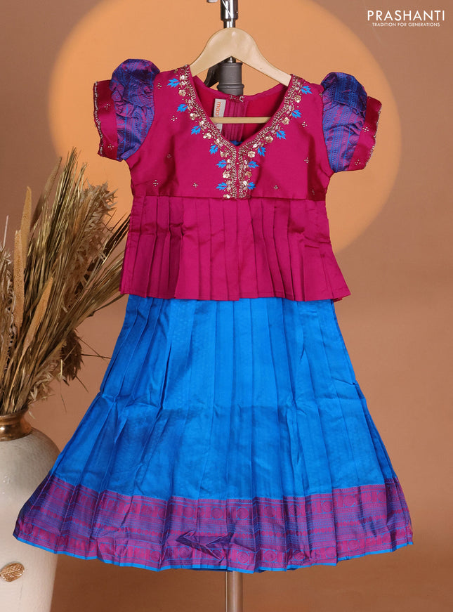 Silk kids lehenga pink and cs blue with aari work neck pattern & puff sleeve and thread woven border