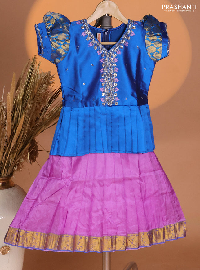 Silk kids lehenga cs blue and lavender with aari work neck pattern & puff sleeve and allover self emboss & zari woven border