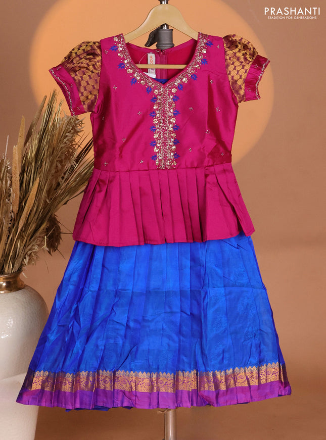 Silk kids lehenga pink and royal blue with aari work neck pattern & puff sleeve and self emboss buttas & zari woven border