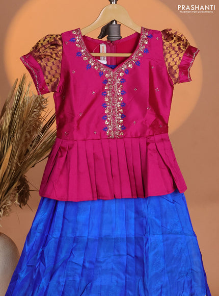 Silk kids lehenga pink and royal blue with aari work neck pattern & puff sleeve and self emboss buttas & zari woven border
