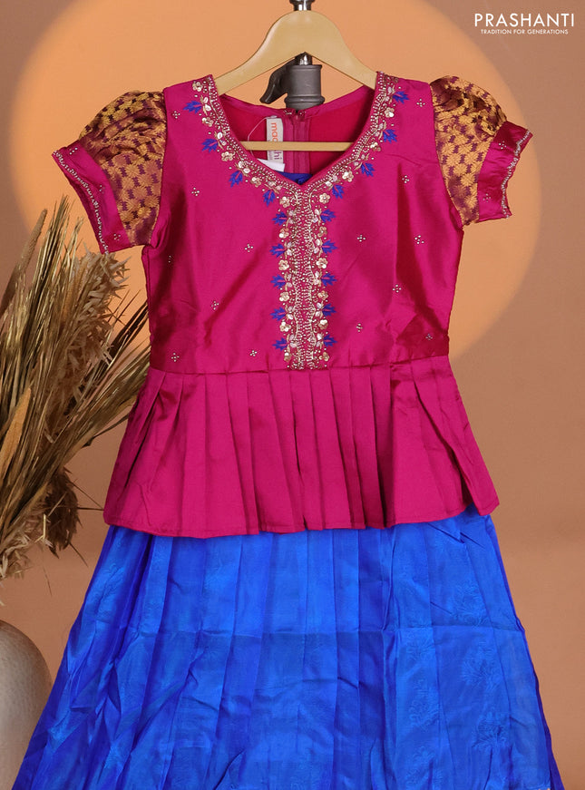 Silk kids lehenga pink and royal blue with aari work neck pattern & puff sleeve and self emboss buttas & zari woven border