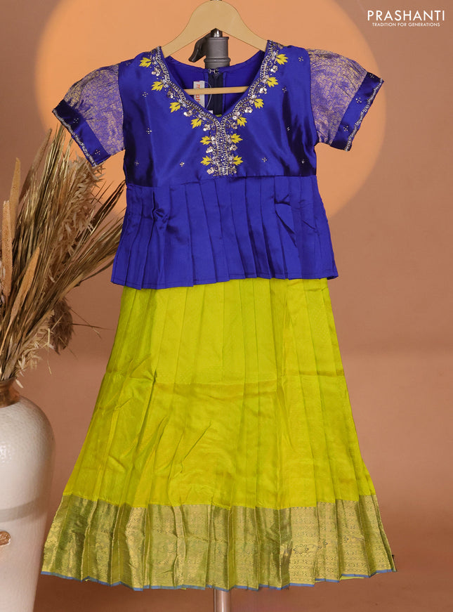 Silk kids lehenga royal blue and lime green with aari work neck pattern & puff sleeve and allover self emboss & zari woven border