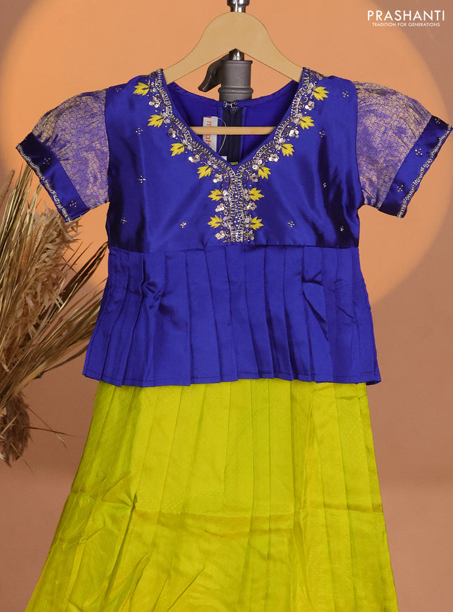 Silk kids lehenga royal blue and lime green with aari work neck pattern & puff sleeve and allover self emboss & zari woven border