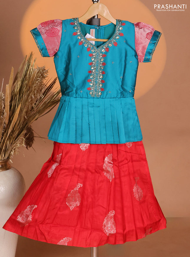 Silk kids lehenga teal blue and orange with aari work neck pattern & puff sleeve and silver zari buttas & zari woven border