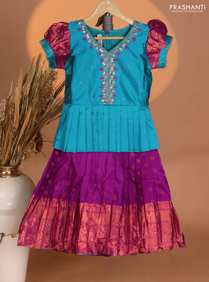 Silk kids lehenga teal blue and purple with aari work neck pattern & puff sleeve and copper zari buttas & zari woven border