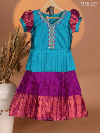 Silk kids lehenga teal blue and purple with aari work neck pattern & puff sleeve and copper zari buttas & zari woven border