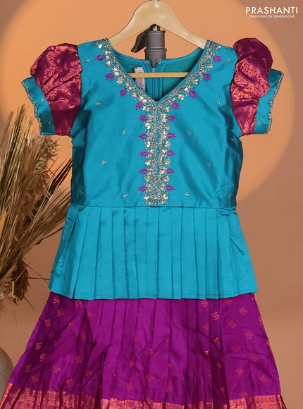 Silk kids lehenga teal blue and purple with aari work neck pattern & puff sleeve and copper zari buttas & zari woven border