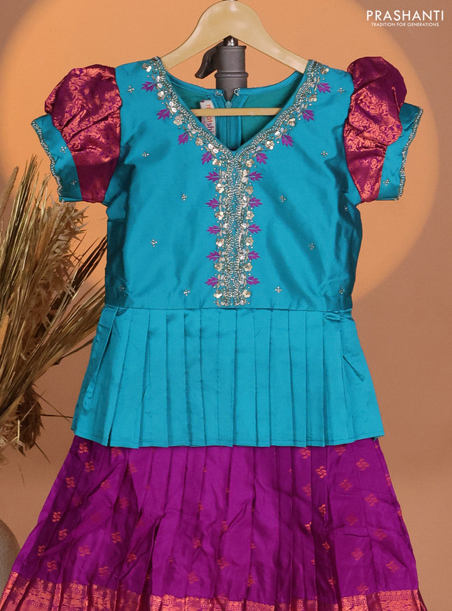 Silk kids lehenga teal blue and purple with aari work neck pattern & puff sleeve and copper zari buttas & zari woven border