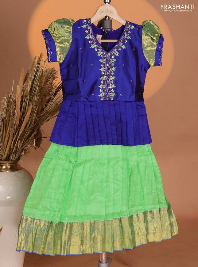 Silk kids lehenga royal blue and light green with aari work neck pattern & puff sleeve and allover self emboss & zari woven border
