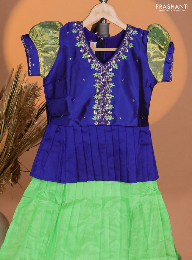 Silk kids lehenga royal blue and light green with aari work neck pattern & puff sleeve and allover self emboss & zari woven border