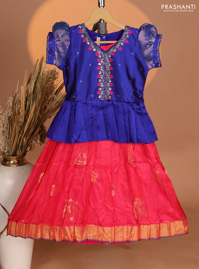 Silk kids lehenga royal blue and peach pink with aari work neck pattern & puff sleeve and zari buttas & zari woven border