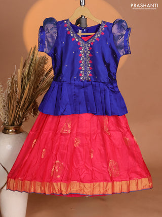 Silk kids lehenga royal blue and peach pink with aari work neck pattern & puff sleeve and zari buttas & zari woven border