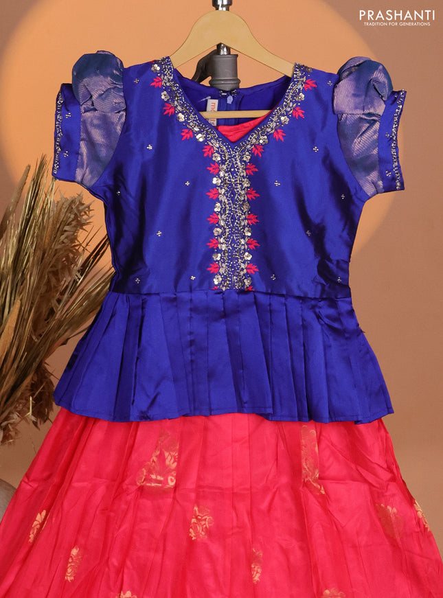 Silk kids lehenga royal blue and peach pink with aari work neck pattern & puff sleeve and zari buttas & zari woven border