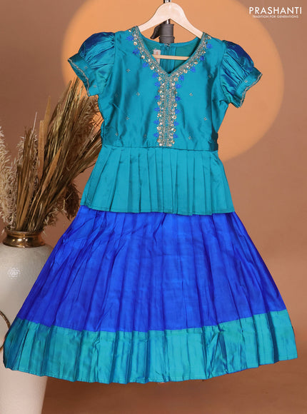 Silk kids lehenga teal blue and royal blue with aari work neck pattern & puff sleeve and thread woven border