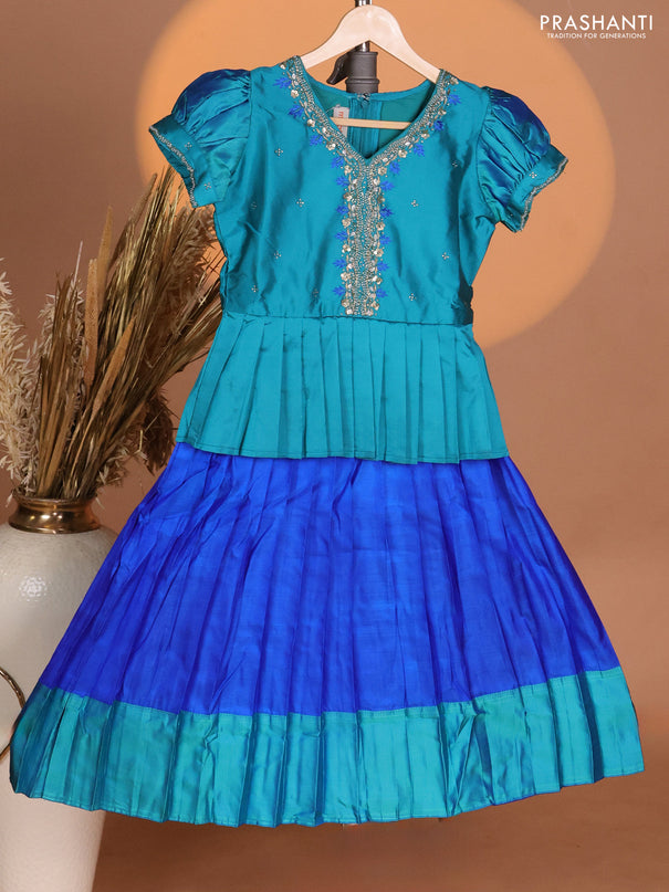 Silk kids lehenga teal blue and royal blue with aari work neck pattern & puff sleeve and thread woven border