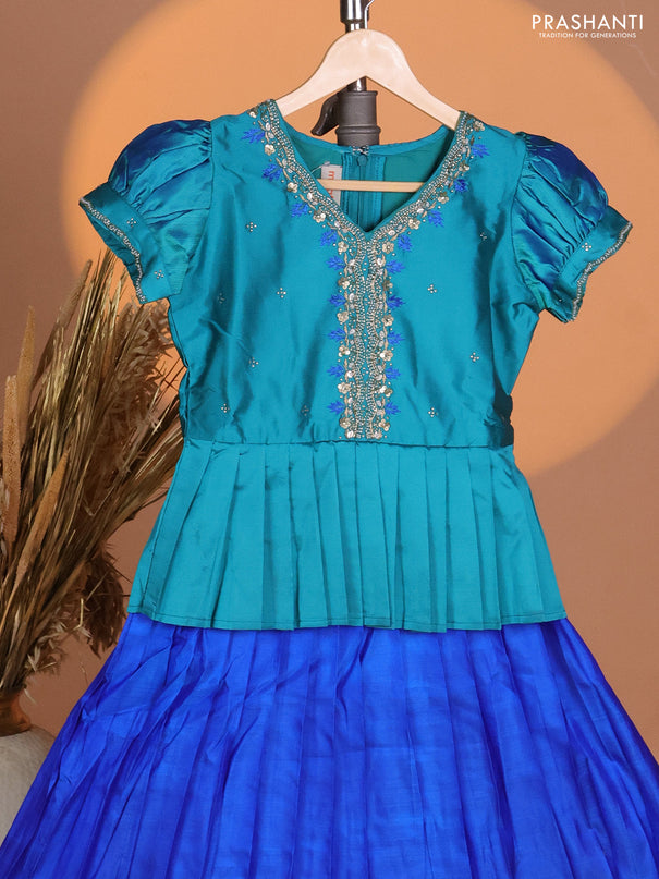 Silk kids lehenga teal blue and royal blue with aari work neck pattern & puff sleeve and thread woven border