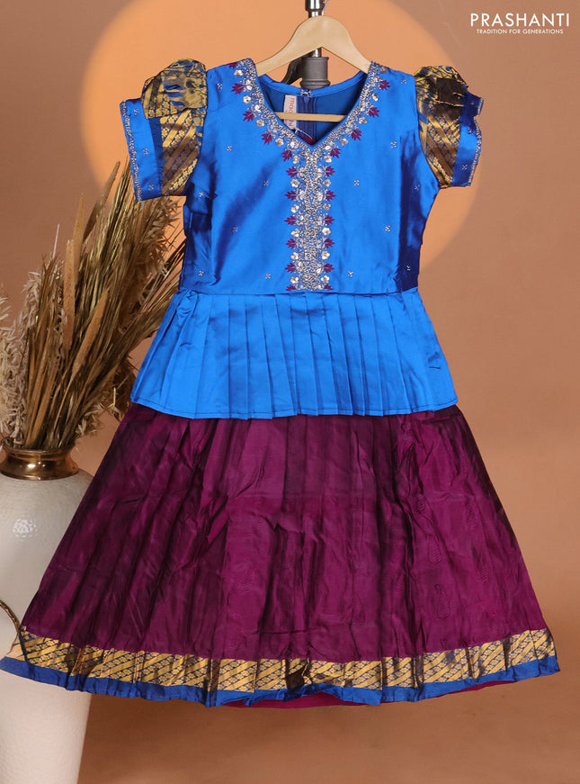 Silk kids lehenga cs blue and deep purple with aari work neck pattern & puff sleeve and self emboss buttas & zari woven border