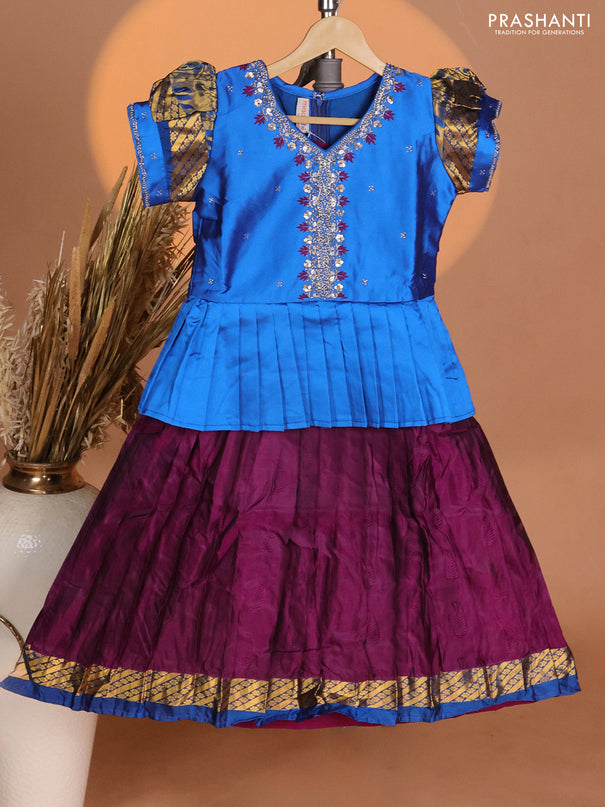 Silk kids lehenga cs blue and deep purple with aari work neck pattern & puff sleeve and self emboss buttas & zari woven border