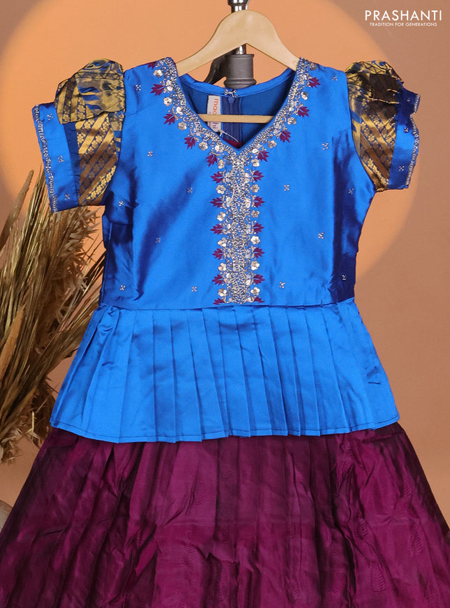 Silk kids lehenga cs blue and deep purple with aari work neck pattern & puff sleeve and self emboss buttas & zari woven border