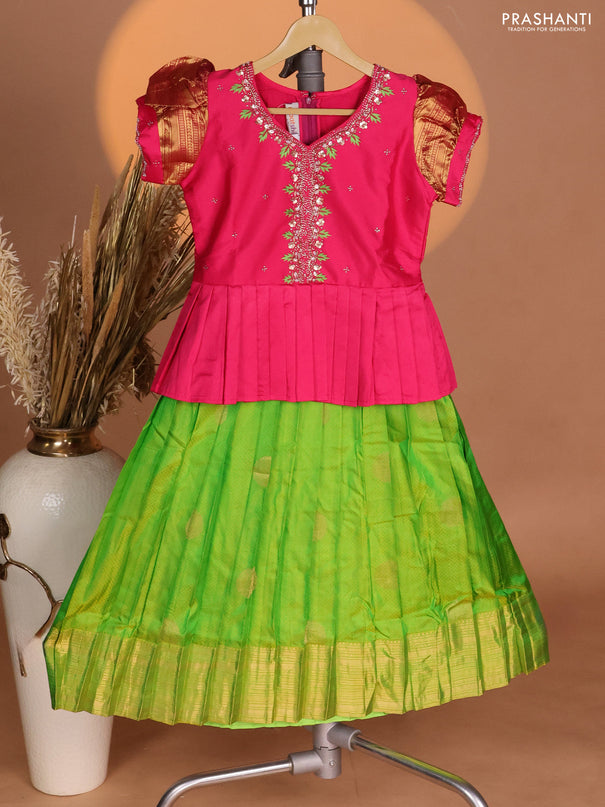 Silk kids lehenga pink and light green with aari work neck pattern & puff sleeve and self emboss zari buttas & zari woven border