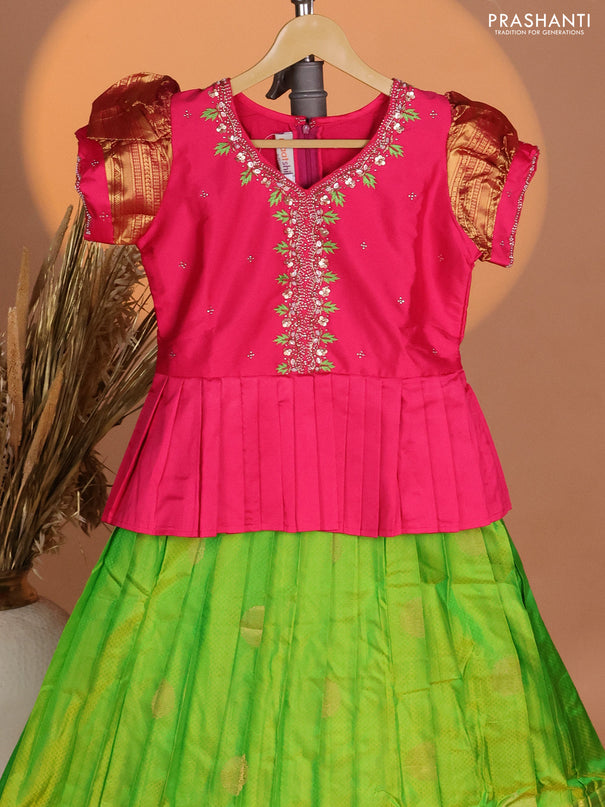 Silk kids lehenga pink and light green with aari work neck pattern & puff sleeve and self emboss zari buttas & zari woven border