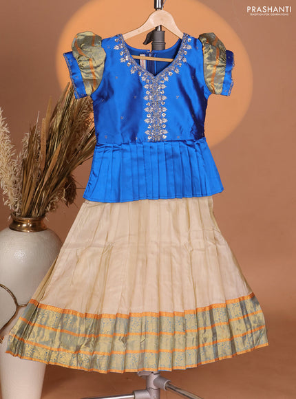Silk kids lehenga cs blue and beige with aari work neck pattern & puff sleeve and zari woven border