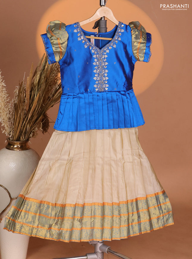 Silk kids lehenga cs blue and beige with aari work neck pattern & puff sleeve and zari woven border